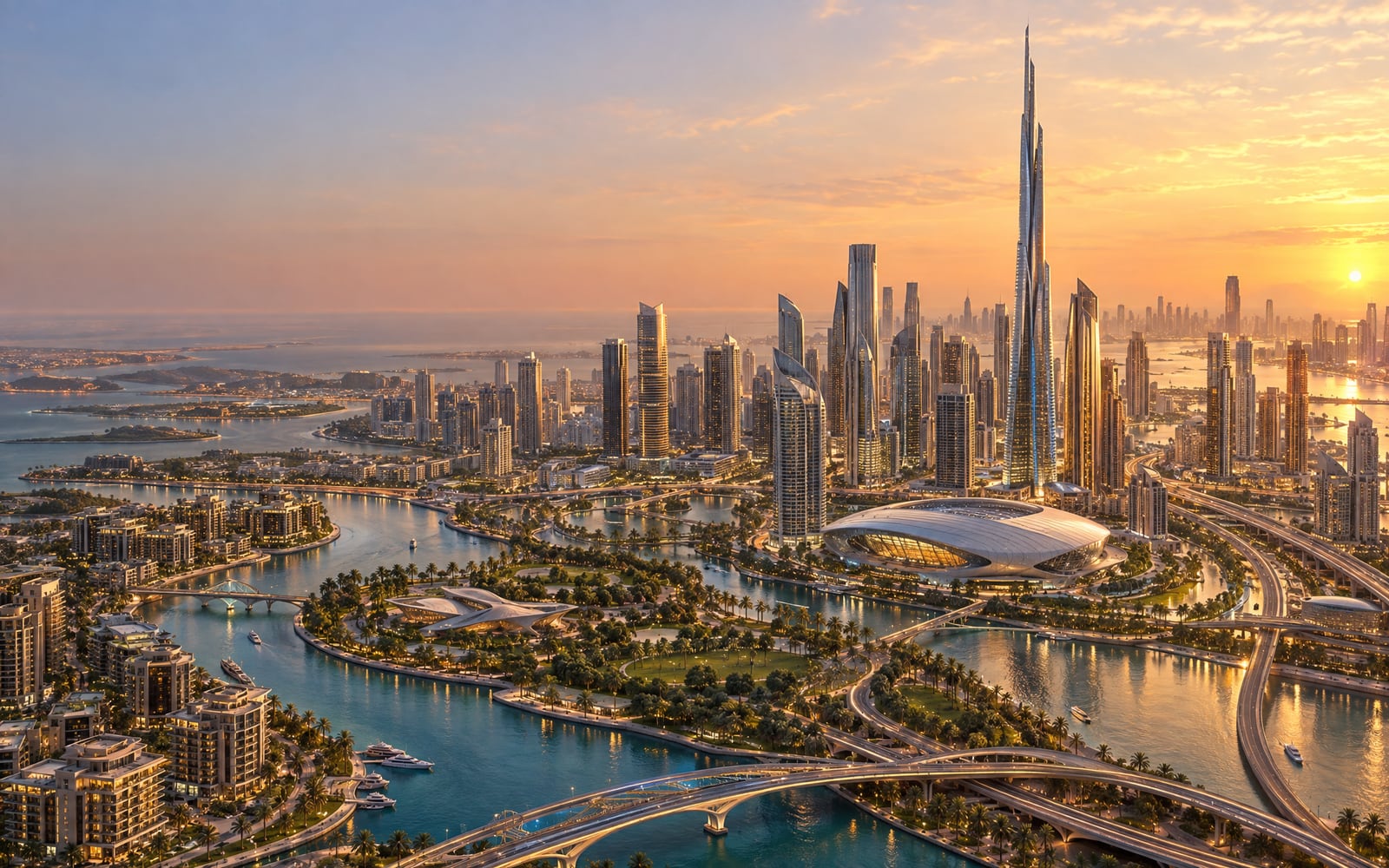 A futuristic giga-scale masterplanned city at sunset
