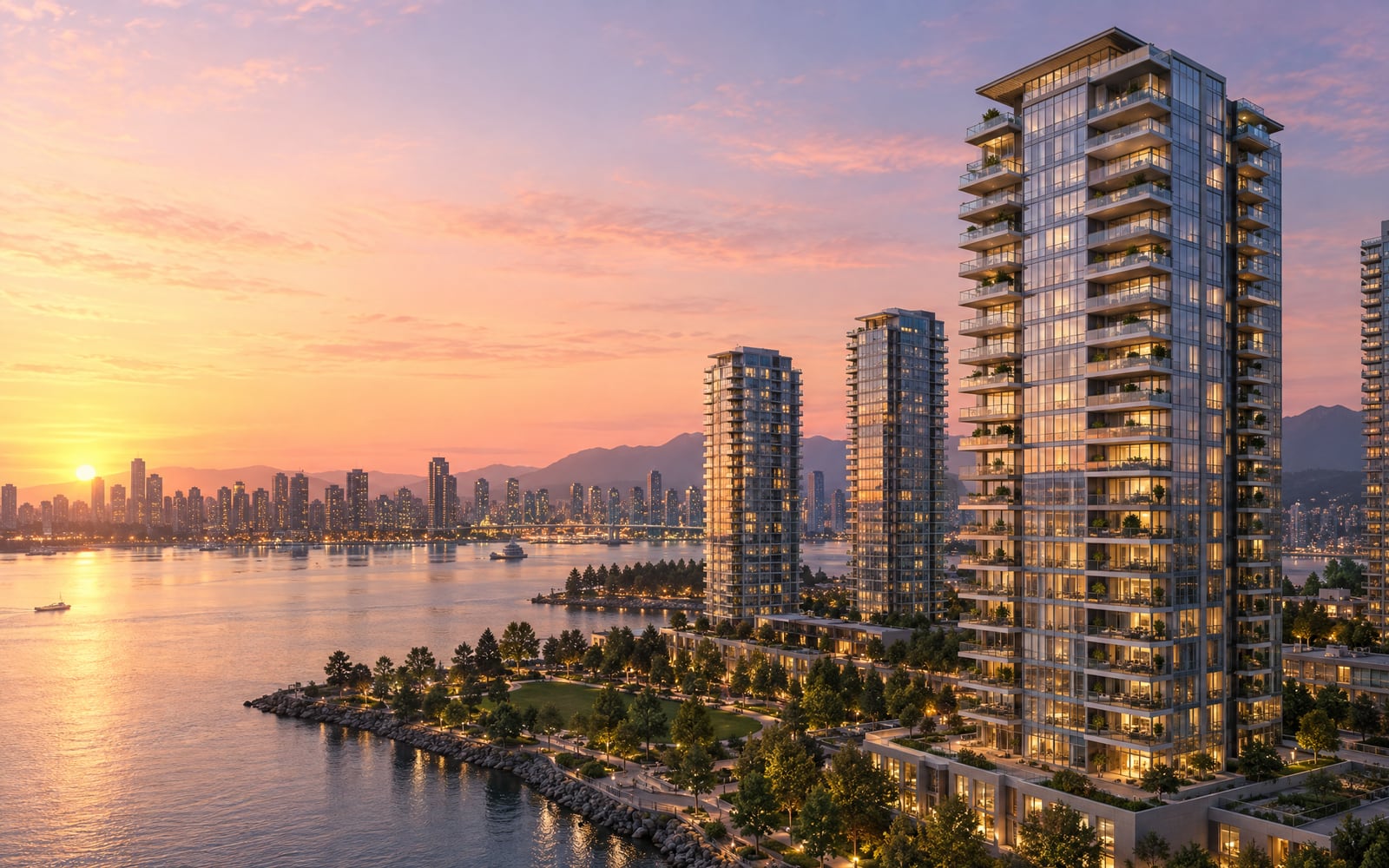 Modern residential towers above a waterfront city at dusk