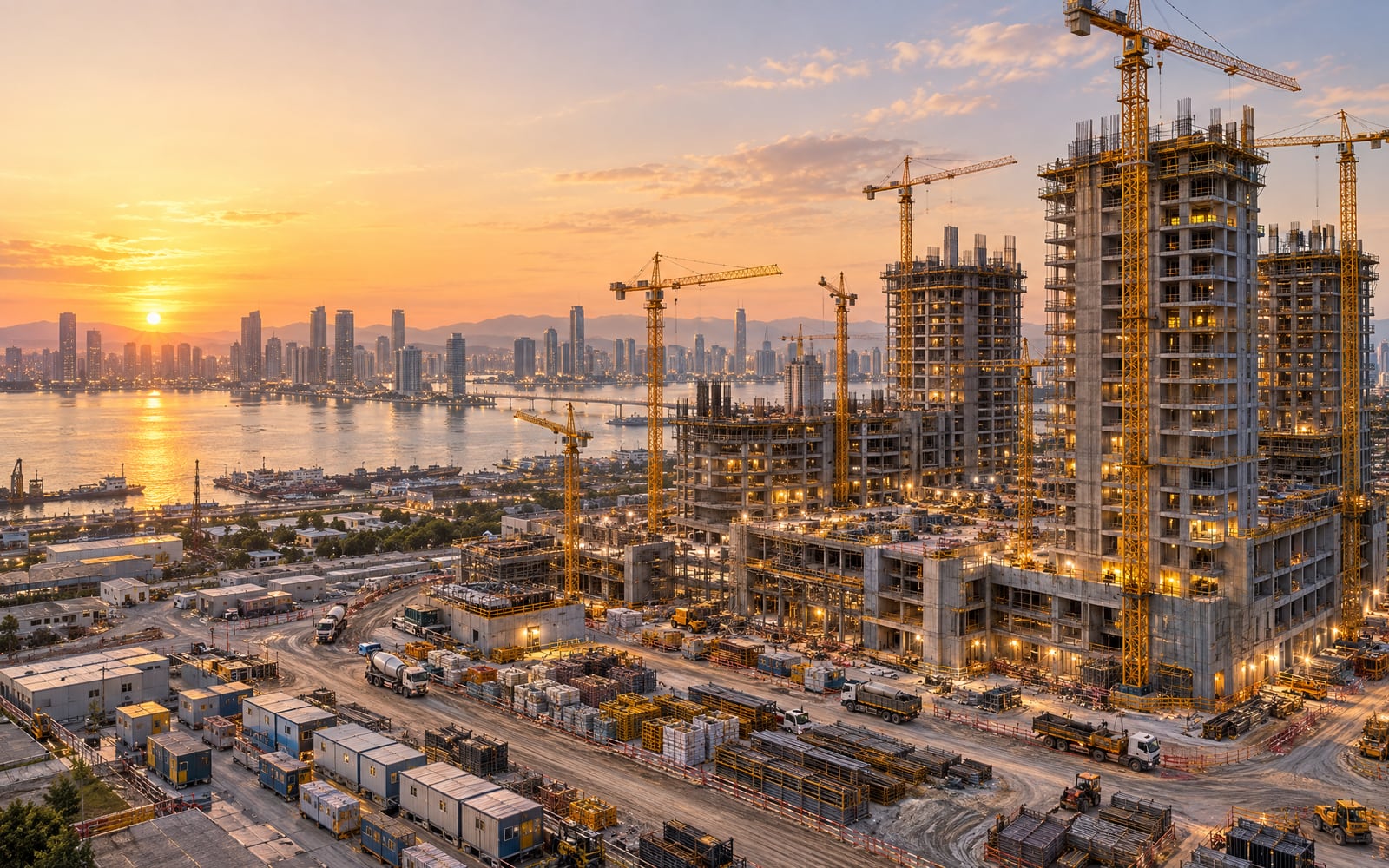 Many tower cranes over a large development under construction at sunset