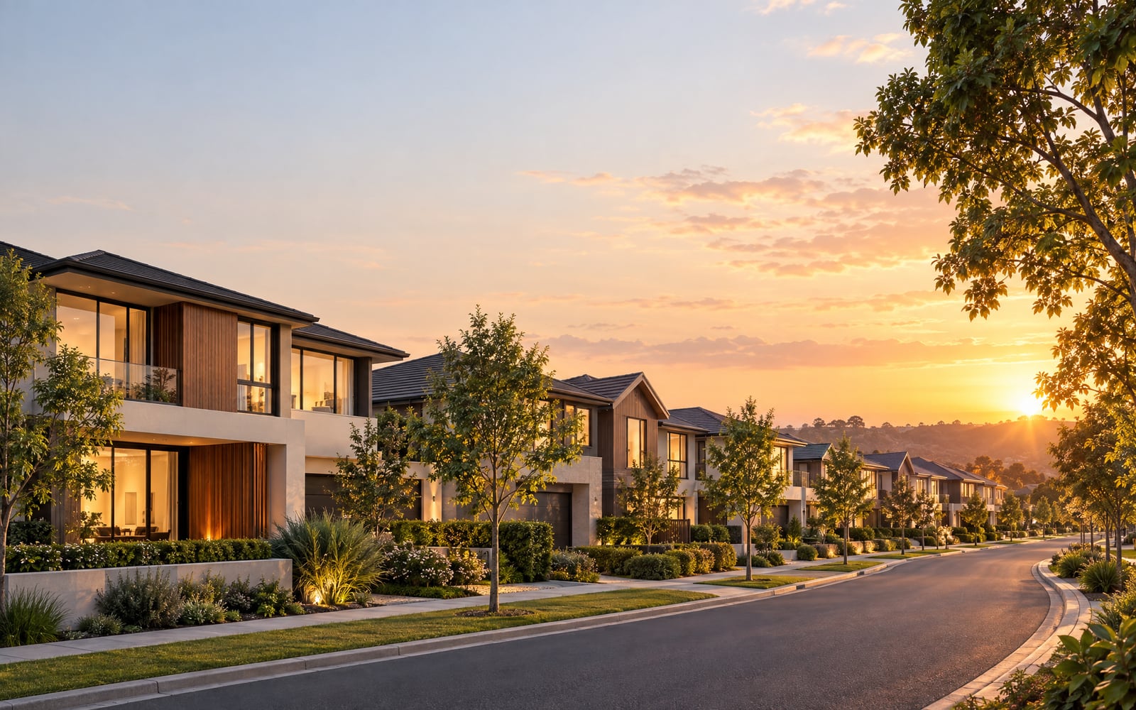 A new residential community of modern townhouses at sunset