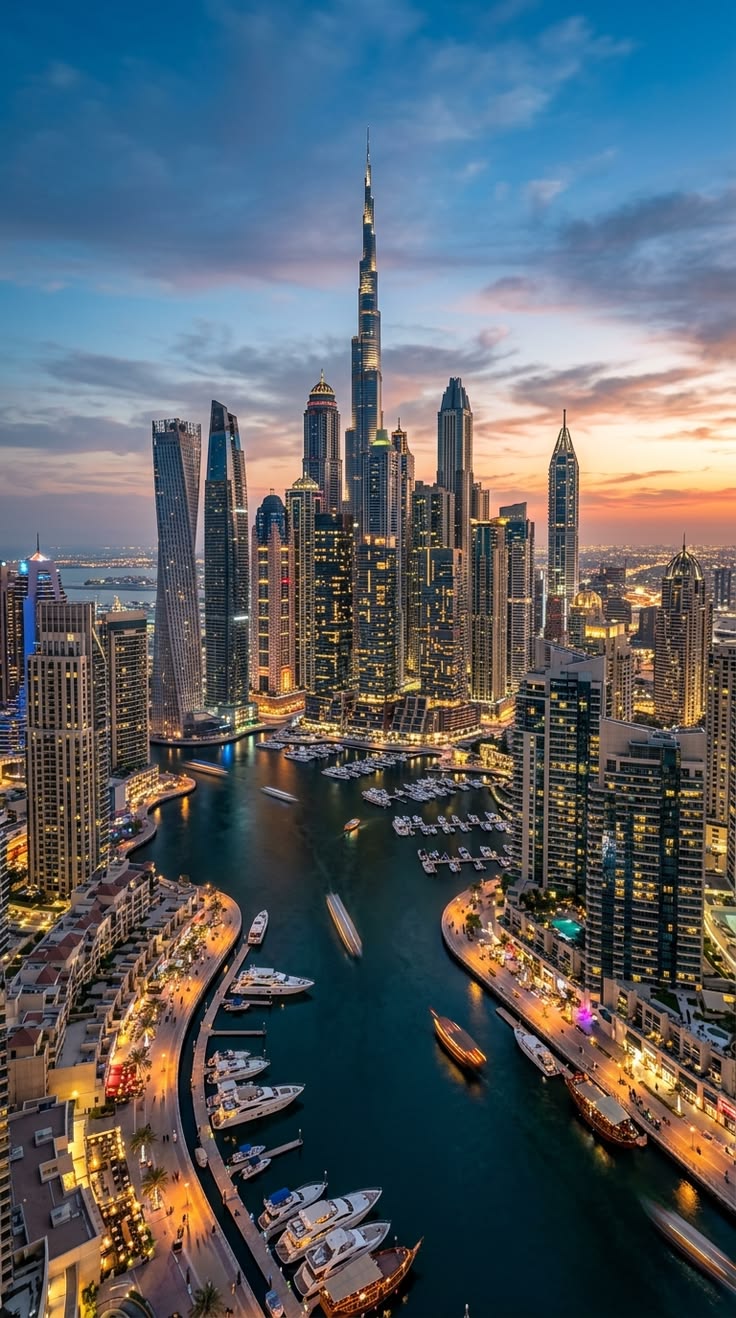 The Dubai skyline at blue hour seen across the water