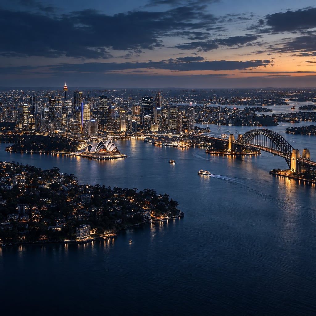 The Sydney harbour and city skyline at blue hour