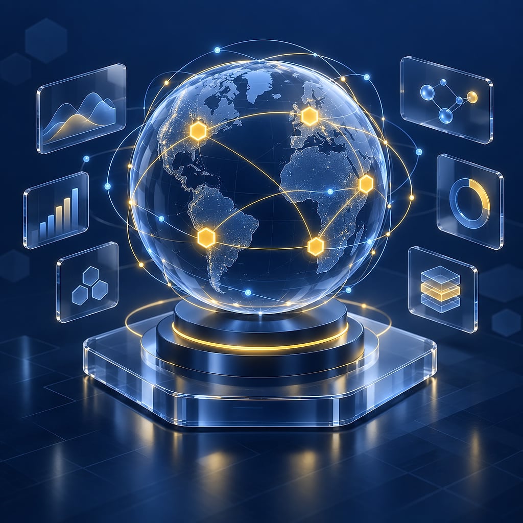 A glass globe held in a lattice of glowing data arcs, five gold markers connected across its surface